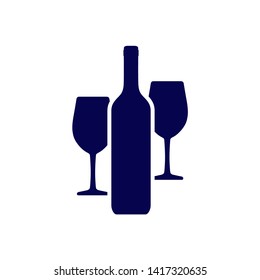 Wine bottle and two wine glasses that standing behind the bottle. Vector icon isolated on white background.