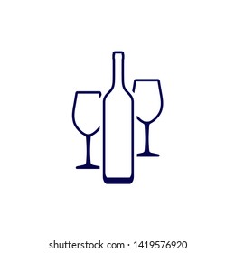 Wine bottle and two wine glasses that standing behind the bottle. Vector contour icon placed on white.