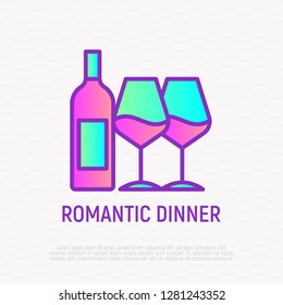 Wine bottle and two glasses thin line icon. Romantic dinner. Modern vector illustration.