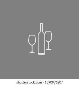 Wine bottle and two wineglasses icon isolated on gray background. Vector white contour icon.