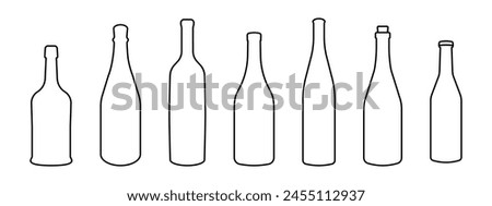 Wine bottle types vector illustrations set. Alcohol glasses abstract silhouette collection. Glass bottle types isolated. Minimal color flat line outline stroke icon set.