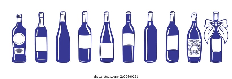 Colección de Vector de botella de vino - Dibujado a mano para bar, bodega o Antiguas Menú Diseño de ilustración