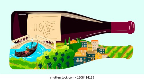 Wine bottle vector illustration. Cartoon flat winery alcohol drink production concept of Italian vineyard landscape with grapes harvest, Venetian gondola in water, big bottled wine product of Italy
