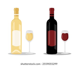 Wine bottle vector illustration set. Bottle of red and white wine with wineglasses. Beautiful bottles and glasses for decoration menu in restaurant or cafe. Alcoholic beverage. Realistic vector