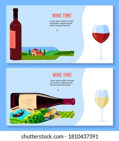 Wine bottle vector illustrations. Cartoon flat concept banners set with winery production, vineyard farm plantation landscape, vintage harvest of grapes, glass and red or white bottled wine product
