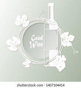 A wine bottle with a vine. Vector template in bright green tones. Cut paper art style.