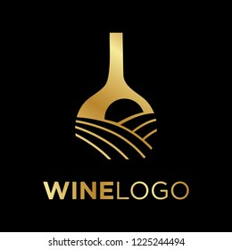 wine bottle with vineyard sunset inside, logo template