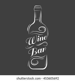 Wine bottle. Vintage vector engraving illustration. Advertising design for pub on black background.