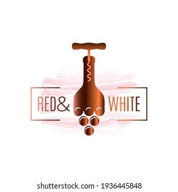 wine bottle watercolor logo. Corkscrew with wine grapes on white background