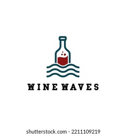 Wine Bottle with Waves Symbol Logo Design