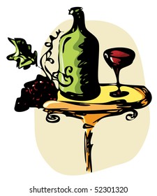 Wine bottle and wineglass