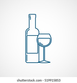 Wine Bottle And Wineglass Blue Line Icon On White Background