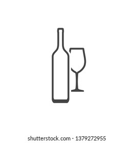 Wine Bottle And Wineglass Contour Icon Isolated On White. Vector Illustration.