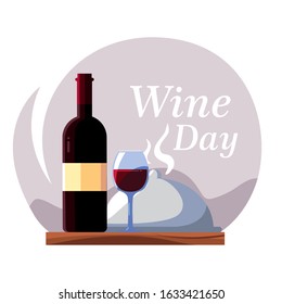 wine bottle with wineglass, wine day label vector illustration design