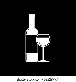 Wine Bottle And Wineglass Flat Icon On Black Background