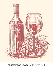 Wine bottle and wineglass, grape. Winery sketch. Hand drawn vintage vector illustration