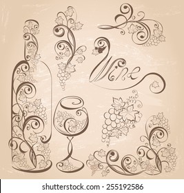 Wine bottle and wineglass with grapevines on vintage grunge background . Vector design elements. 