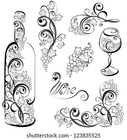 Wine bottle and wineglass with grapevines. Vector design elements.  