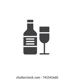 Wine bottle and wineglass icon vector, filled flat sign, solid pictogram isolated on white. Party and event symbol, logo illustration.