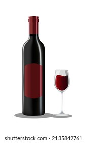 Wine bottle and wineglass isolated on white background. Wine bottle and glass, made in a realistic style. Alcoholic drink. Red wine. Template, mock up, layout for design, branding, advertising. Vector