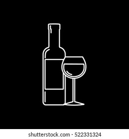 Wine Bottle And Wineglass Line Icon On Black Background