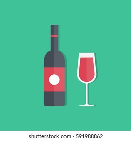Wine bottle and wineglass on green background. Flat design
