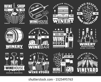 Wine bottle and winery barrel vector icons. Alcohol drinks of grape fruit, wine glasses, champagne and corkscrew, vineyard with grape vines, cheese and bread snack food. Winehouse emblems design