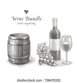 Wine Bottle, Wood Barrel, Glass Of Wine And Grapes. Hand Drawn Engraving Style Illustrations. 