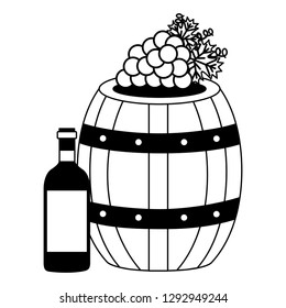 wine bottle wooden barrel grapes vector illustration