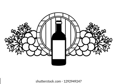 wine bottle wooden barrel grapes vector illustration