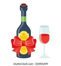 Wine bottle with yellow label and red festive bow and glass of wine. Creative detailed flat style vector illustration. Isolated on white background.