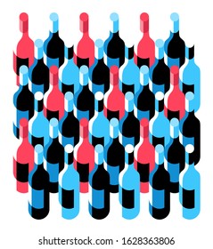 Wine Bottles Arranged In Shape Of Square. Set Of Items, Top View, Isolated, White Background. Vector Illustration