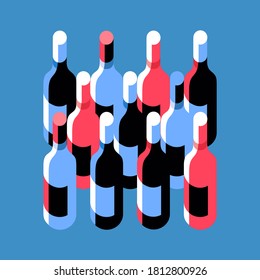 Wine bottles arranged in shape of square. Set of items, top view, isolated, blue background. Vector illustration