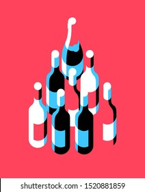 Wine bottles arranged in the shape of a triangle or Christmas tree. Set of items, isolated, red background. Vector illustration