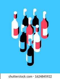 Wine bottles arranged in the shape of a triangle. Set of items, isolated, blue background. Vector illustration