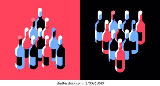 Wine bottles arranged in the shape of a triangle, two variants. Set of items, isolated, red and black backgrounds. Vector illustration