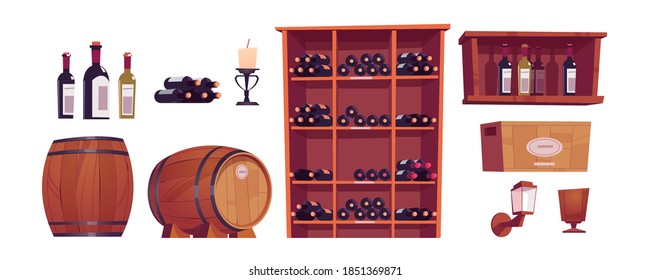 Wine bottles and barrels, wooden casks, shelf, rack and box with alcohol. Vector cartoon set of furniture in winery cellar, restaurant basement or wine shop storage room isolated on white background