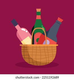 wine bottles in basket icon