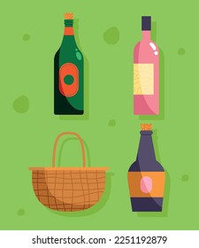 wine bottles and basket icon