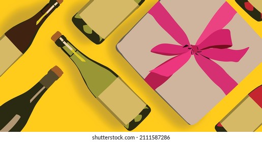 Wine Bottles And Box Gift On Top View. Decorative Package Drink