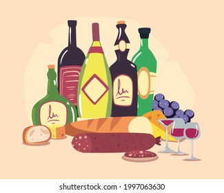 wine bottles with bread pepperoni cheese and grapes