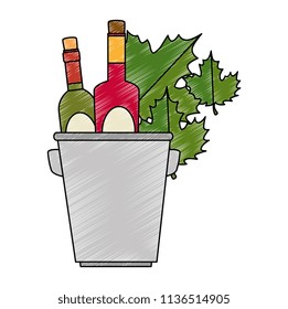 wine bottles in bucket with leafs