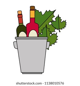 wine bottles in bucket with leafs