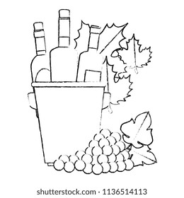 wine bottles in bucket with leafs and grapes