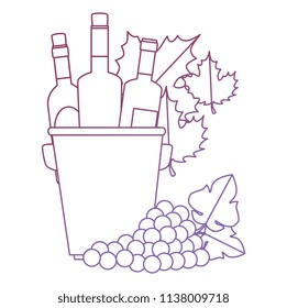 wine bottles in bucket with leafs and grapes