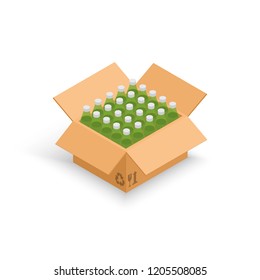 Wine bottles cardboard box vector illustration, 3d isometric cartoon wine beverage pack isolated