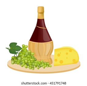 wine bottles, cheese and grape.