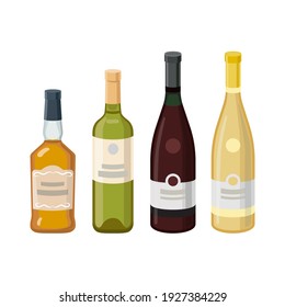 Wine bottles and cognac bottle. Grape product, vector illustration isolated on white background.