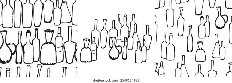 Wine bottles collection, contour hand drawings, seamless patterns, vector backgrounds, wallpaper, paper