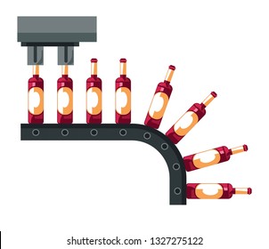 Wine bottles conveyor winemaking industry mechanic line vector alcohol drink of grapes in glass container with cork mass production final stage farm factory organic product viticulture and agriculture